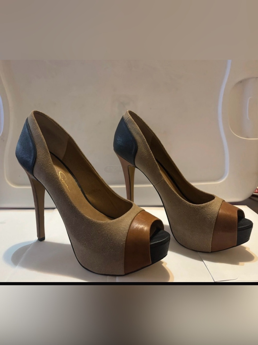 Jessica Simpson Tri-Tone Peep-Toe Platform Pumps — Beige, Brown & Black